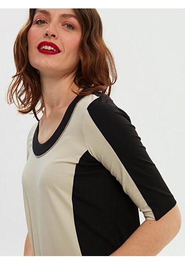 Renk Bloklu Zincir Nakış Detaylı Örme Elbise 66294 001