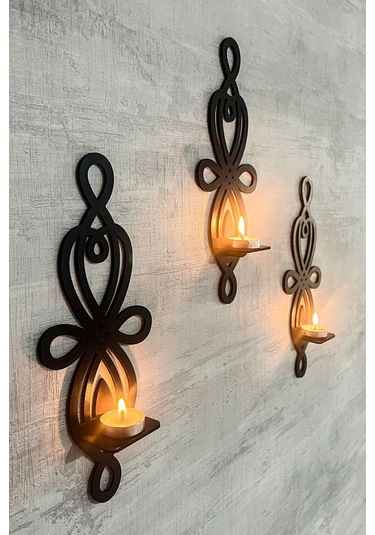 Dekoratif Şık Duvar Rafı 3 Lü Set 30 Cm Duvar Mumluğu Siyah