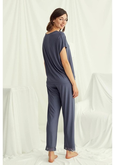 Monamise 18484 Kadın V Yaka Kısa Kollu Pijama Takımı-lacivert Lacivert