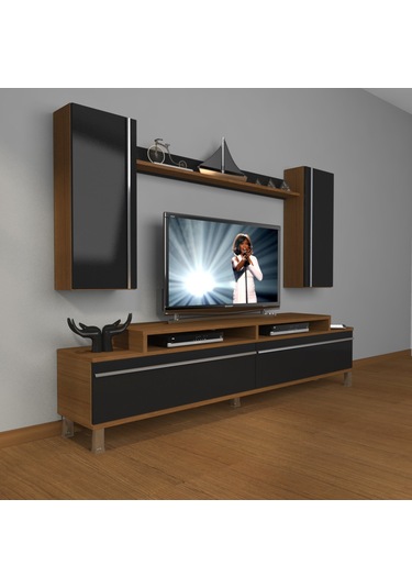 Decoraktiv Ekoflex 7 Mdf Krom Ayaklı Tv Ünitesi Tv Sehpası Ceviz - Siyah