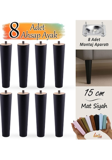8 Adet Ahşap Ayak 15 Cm Siyah M8 Civatalı Bağlantı Aparatlı Dolap Mobilya Koltuk Kanepe Destek Ayağı Ayakları Siyah