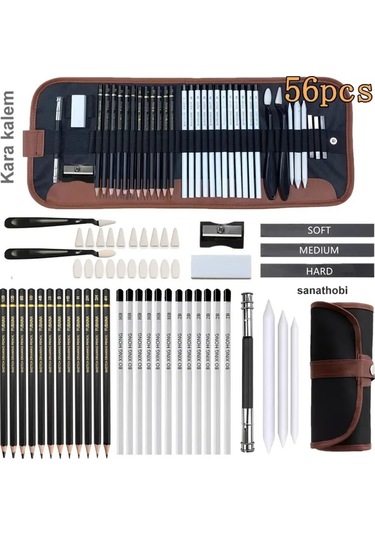 Kara Kalem Çizim Seti, Eskiz Kalem Seti, Dereceli Kalem Set, Tonlama-rulo Kalemlikli-tam Set 56parça