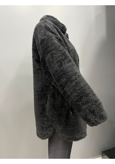 Kadın Siyah Peluş Rüzgar Geçirmez Welsoft Çift Cepli Kışlık Mont Siyah