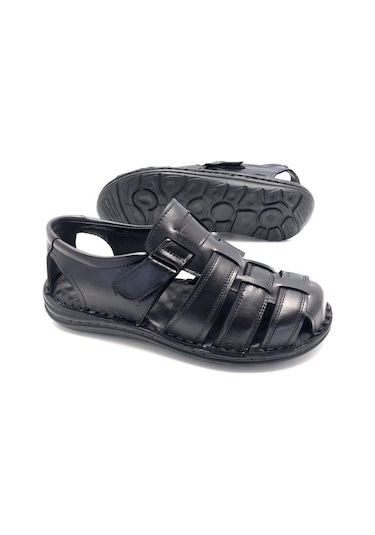 Deritarz Hakiki Deri Masajlı Ortopedik Hafif Erkek Sandale Siyah