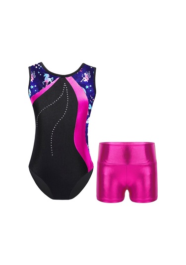 Çocuk Kız Kolsuz Baskılı Patchwork Leotard Metalik Yüksek Bel Şort Setleri Dans Pateni Jimnastik Tulum Göl Yeşili Yeşil