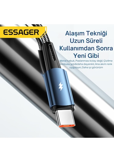 Essager 1 Metre 120w 6a Pd3.1 Usb To Type-c Mega Hızlı Data Şarj Kablosu, Ultra Sağlam Halat Kablo Kopmaz