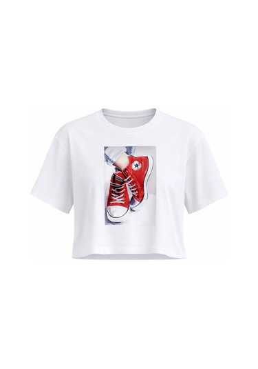 Kadın Beyaz Sneaker Baskılı Pamuklu Crop Tişört Beyaz