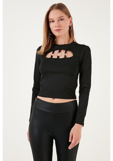 Lela Slim Fit Bisiklet Yaka Önü Pencereli Crop Bayan Bluz 5865399 Siyah