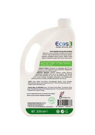 Ecos3 Organik Elde Bulaşık Deterjanı 2500 Ml