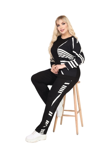 Melsay Butik Siyah Truvakar Kol Yarım Çizgi Garnili Viskon Büyük Beden Takım Siyah
