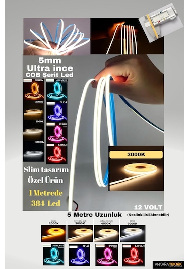 Ultra Ince 5mm. Kalınlık Cob Şerit Led 3000k Neon Gibi Yanar.