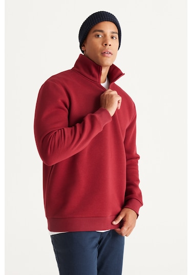 AC&Co / Altınyıldız Classics Standart Fit Normal Kesim İçi Polarlı Bato Yaka Pamuklu Erkek Sweatshirt Bordo