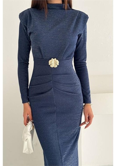 Neşeli Butik Kadın Kol Vatkalı Toka Detaylı Drapeli Maxi Elbise Nbk4358 Lacivert