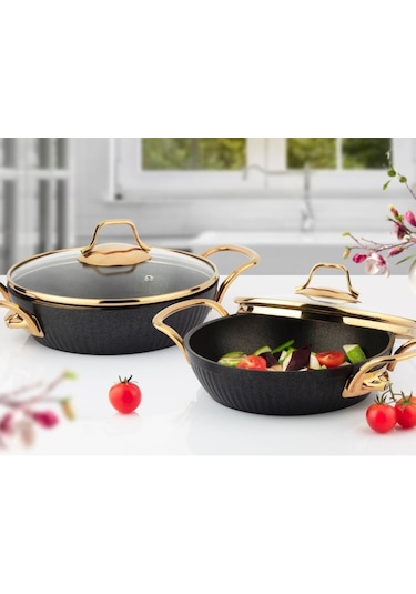 Lines Maya Granit Desenli 4 Parça Sahan Set Altın Kulp Siyah