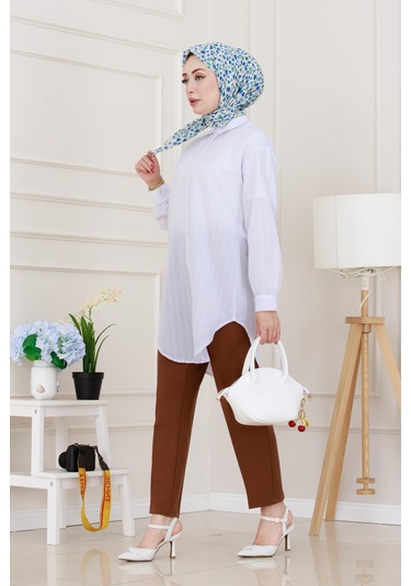 Sevitli Göğüsü Taş Detaylı Oversize Tunik-beyaz-5229 Beyaz