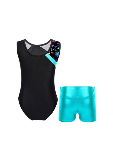 Çocuk Kız Kolsuz Baskılı Patchwork Leotard Metalik Yüksek Bel Şort Setleri Dans Pateni Jimnastik Tulum Göl Yeşili Yeşil