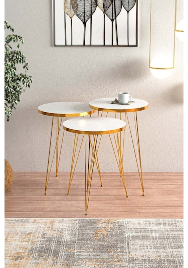 Beyaz Gold Metal Ayaklı Gold Detaylı Zigon Sehpa