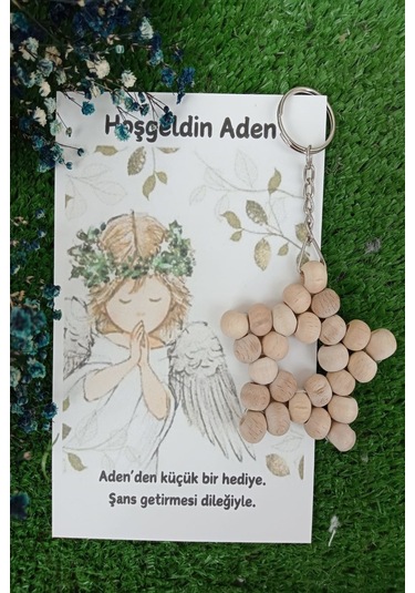 10 Adet Melek Kartlı Ahşap Yıldız Anahtarlık - Bebek Hediyesi -