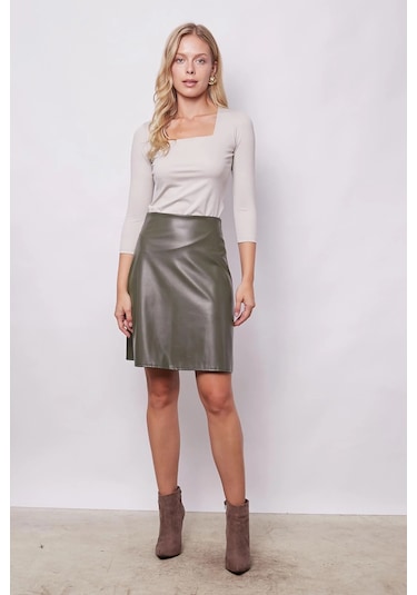 Kadın Hafif Likralı Deri Yüksek Bel Diz Boy Çan Etek-haki Haki