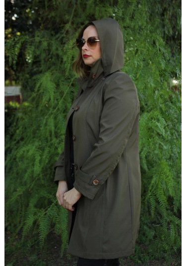 1671 Kolu Düğme Detaylı Uzun Kapişonlu Haki Büyük Beden Kadın Ceket Haki