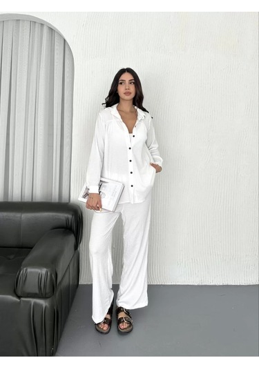 Yakalı Düğmeli Uzun Kollu Gömlek Pantolon İkili Takım - Beyaz Beyaz