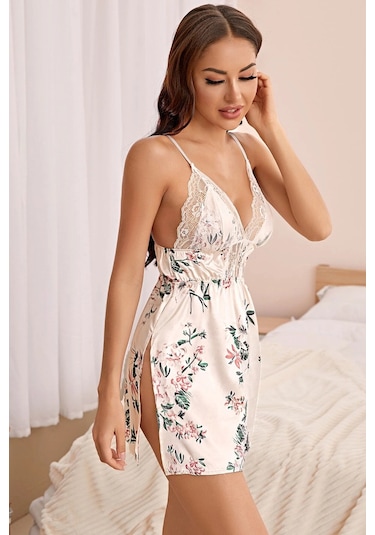 Merry See Ayarlanabilir Askılı Çiçek Baskılı Yumuşacık Şık Dantelli Gecelik Beyaz