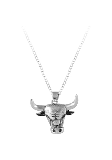 Erkek Antik Gümüş Kaplama Boğa Simge Uçlu Kolye Gümüş