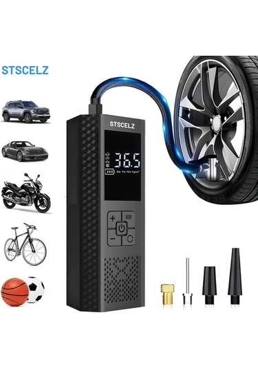 Primepickings Black Fast Tire Inflator 3x Hızlı Portatif Hava Kompresörü 150 Psı Kablosuz Araç Lastik Pompası Basınç Göstergeli Led Işıklı Otomatik Kapanışlı Motor Bisiklet Top