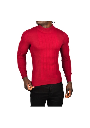 Deepsea Erkek Bordo Yarım Balıkçı Yaka Çizgili Tüylenmeyen Slim Fit Triko Kazak 2505491 Bordo