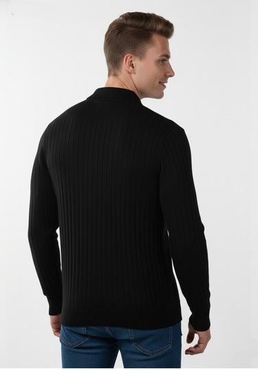 Deepsea Erkek Siyah Slim Fit Polo Yaka Triko Kazak - Yumuşak Dokulu Esnek Ve Şık Görünüm 2605305 Siyah