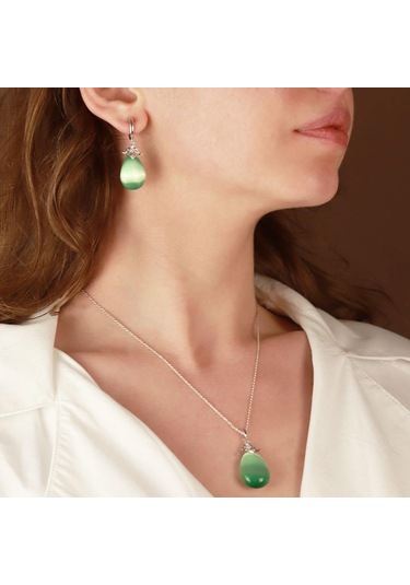 Kedi Gözü Taşlı Damla Model Gümüş Set Gümüş