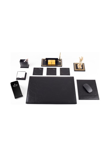 Opta 10 Parça Şahlanan At Biblolu Siyah Deri Sümen Seti Takımı Gold Kalem Ofis Masa İsimliği Lüks İsimlik