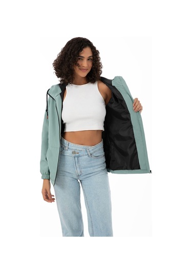 Kadın Astarlı Su Geçirmez Ve Rüzgara Dayanıklı Kapüşonlu İç Cepli Mevsimlik Yağmurluk Mint Yeşil