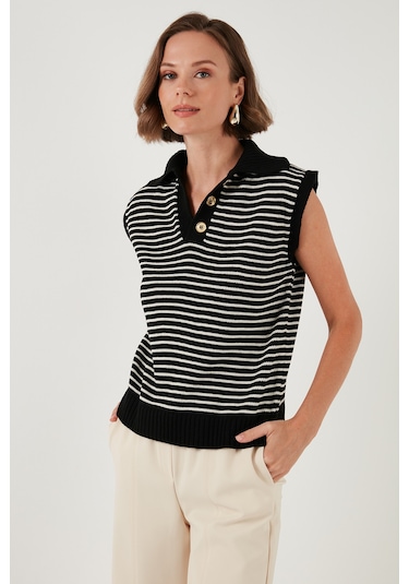 Lela Çizgili V Yaka Triko Bayan Süveter 4616171 Siyah-Krem