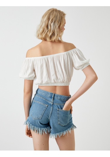 Koton Crop Bluz Omzu Açık Kırık Beyaz 2sak60366pw 2SAK60366PW001