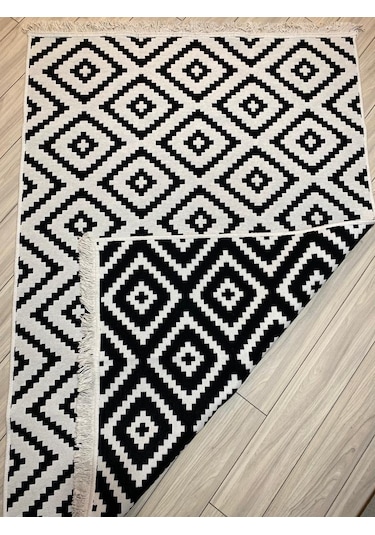 Kilim Çift Taraflı Pamuklu Dokuma Modern Kilim Siyah Beyaz Kilim