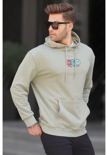 Madmext Mint Yeşili Kapüşonlu Nakışlı Erkek Sweatshirt 6145-mint Yeşili Mint