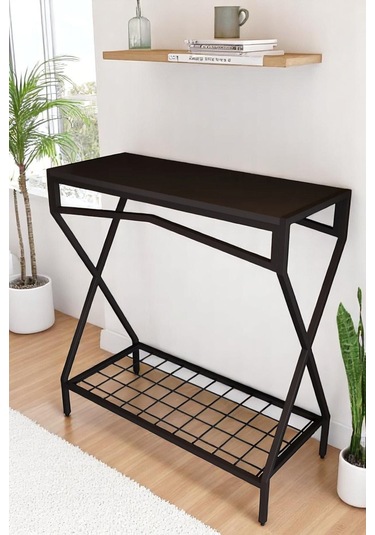 Metal Dresuar Siyah Ahşap Raflı Stand Çok Amaçlı Salon & Hol Rafı Siyah