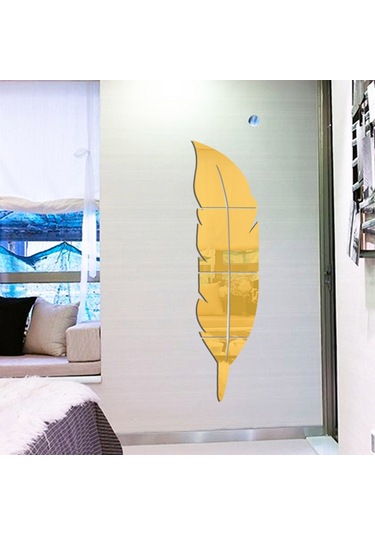 Reedark 3d Tüy Desenli Ayna Çıkartması - Duvar Dekoru İçin Pratik Ve Şık 120x30cm Altın