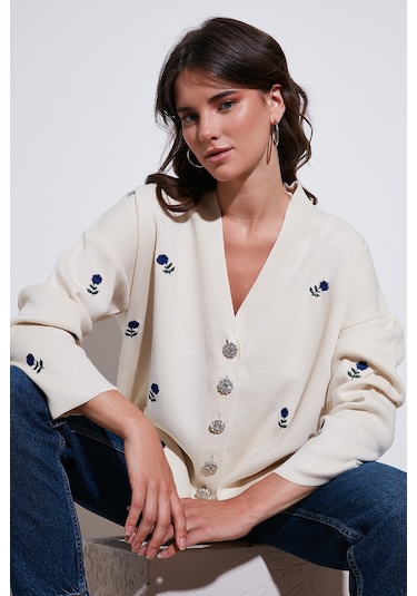 Lela Oversize Fit Desenli V Yaka Triko Bayan Hırka 4616193 Krem-Saks