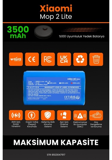 Xiaomi Mop 2 Lite Uyumlu 3500 Mah Robot Süpürge Bataryası