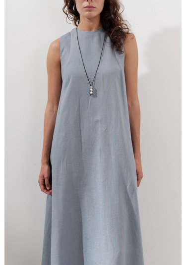 Keten Büzgülü Geniş Elbise Mavi Mavi