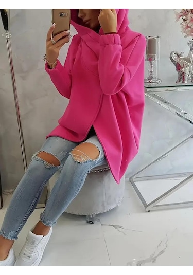 Pembe Kadın 3 İplik Şardonlu Kapüşonlu Ceket Asimetrik Fermuarlı Oversize Pembe