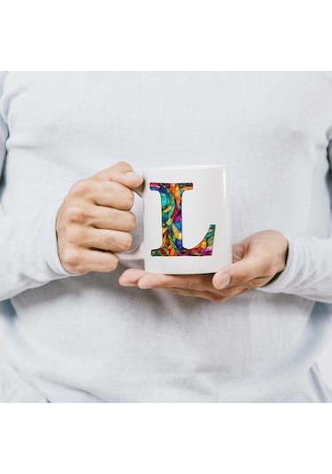 L Harfi Bardak 330 Ml İsme/harfe Özel Hediye, Renkli Harf Tasarım Beyaz