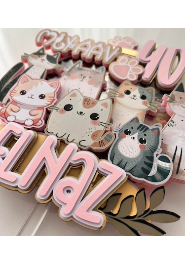 Kedi Temalı İsme Özel Kız Çocuk Doğum Günü Pasta Süsü