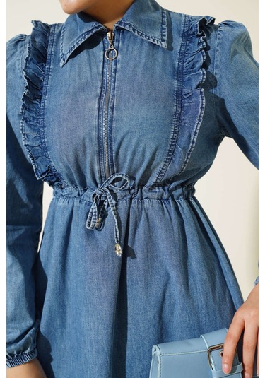 Fırfırlı Fermuarlı Balon Kol Kot Elbise Mavi