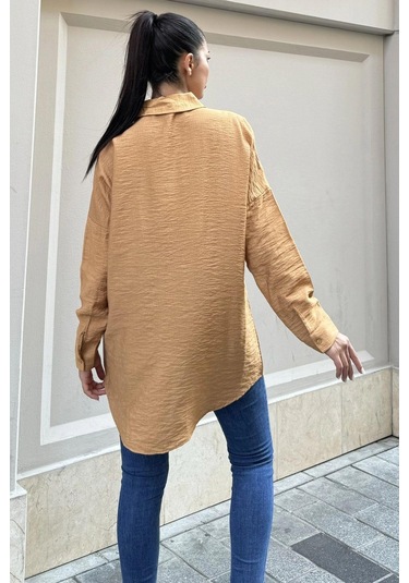 Taş Kahve Keten Taşlı Klasik Gömlek Karamel