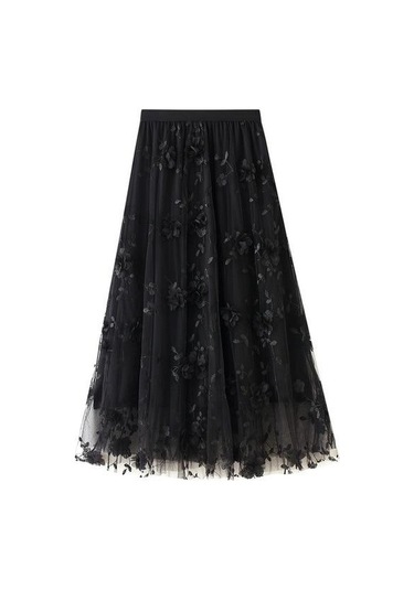 Lüks Kadın Etekler Kore Tarzı Moda Elastik Bel Aplikler Nakış Çiçek Örgü Etek Uzun Gazlı Bez Balo Etek Pembe