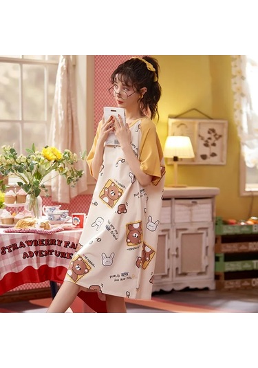 Snapbuy Kadın Kore Tarzı Yaz Pijama Seti - Rahat Ev Kıyafeti, Kısa Kollu Pijama Öğrenciler İçinerkek Şampanya