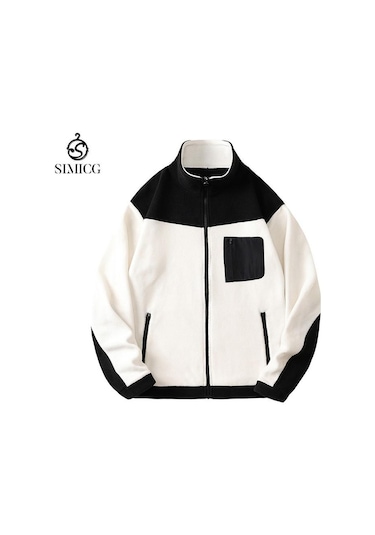 Erkek Dik Yaka Renkli Bloklu Polar Ceket - Beyaz